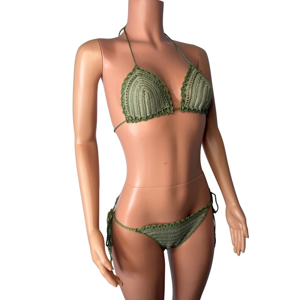 Handmade Sicilian Italian Sage Olive Crochet Bikini One of a Kind Swim Set, Sz S